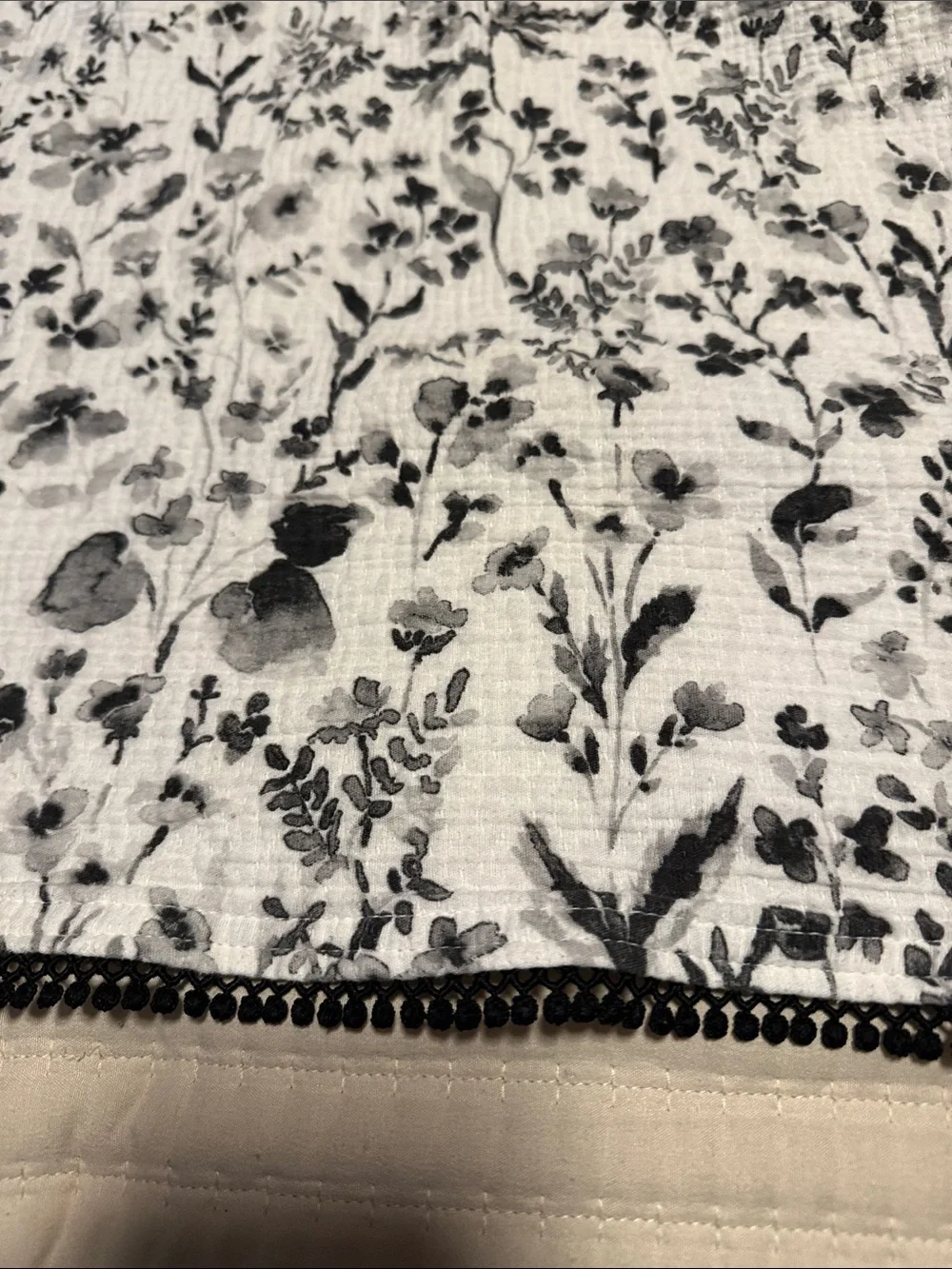 Black Floral Print Textured Fabric Shower Curtain